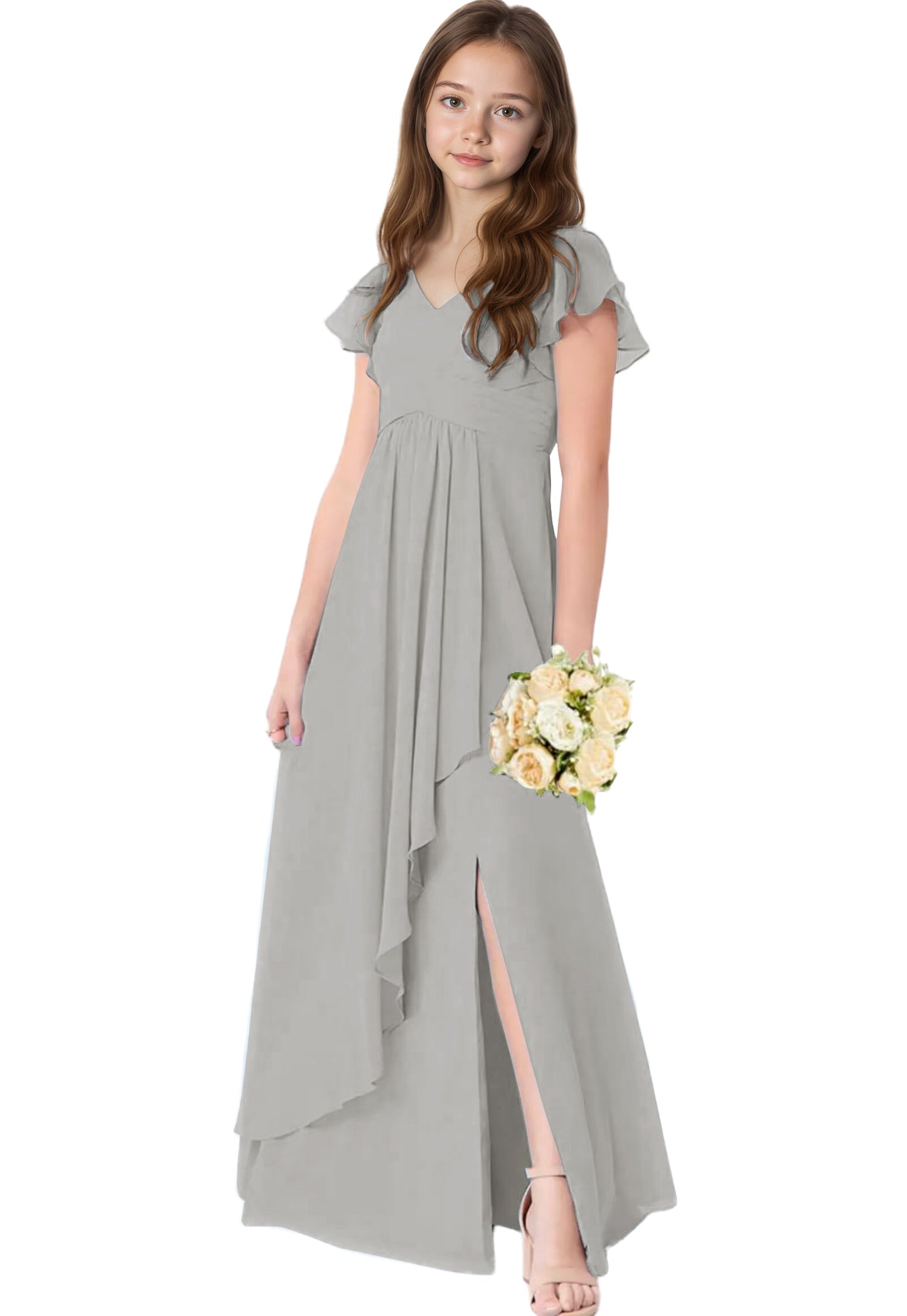 dideyttawl Chiffon Junior Bridesmaid Dresses V Neck Ruffle Sleeves Chiffon Pleated Flowy Flower Girls Dress or 4-16 2506