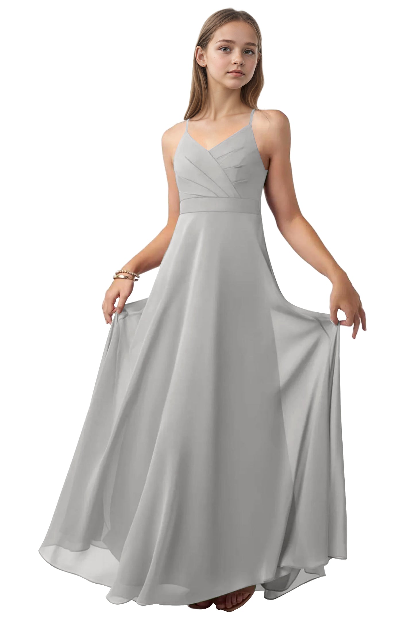 dideyttawl V-Neck Junior Bridesmaid Dress Spaghetti Straps Pleated Chiffon A-Line Flower Girl Dress 2510