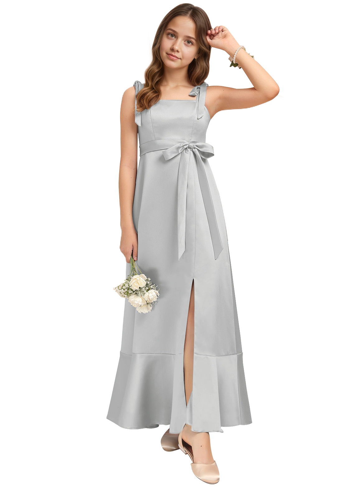 Dideyttawl Junior Bridesmaid Dresses with Slit  Satin Formal Gown for Girls 2529