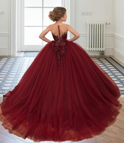 2025 Spring Embroidery Lace Appliqued Tulle Flower Girls Dress Wedding Guest Dress Puffy Princess Dress Strapless Full Length Pageant Dress
