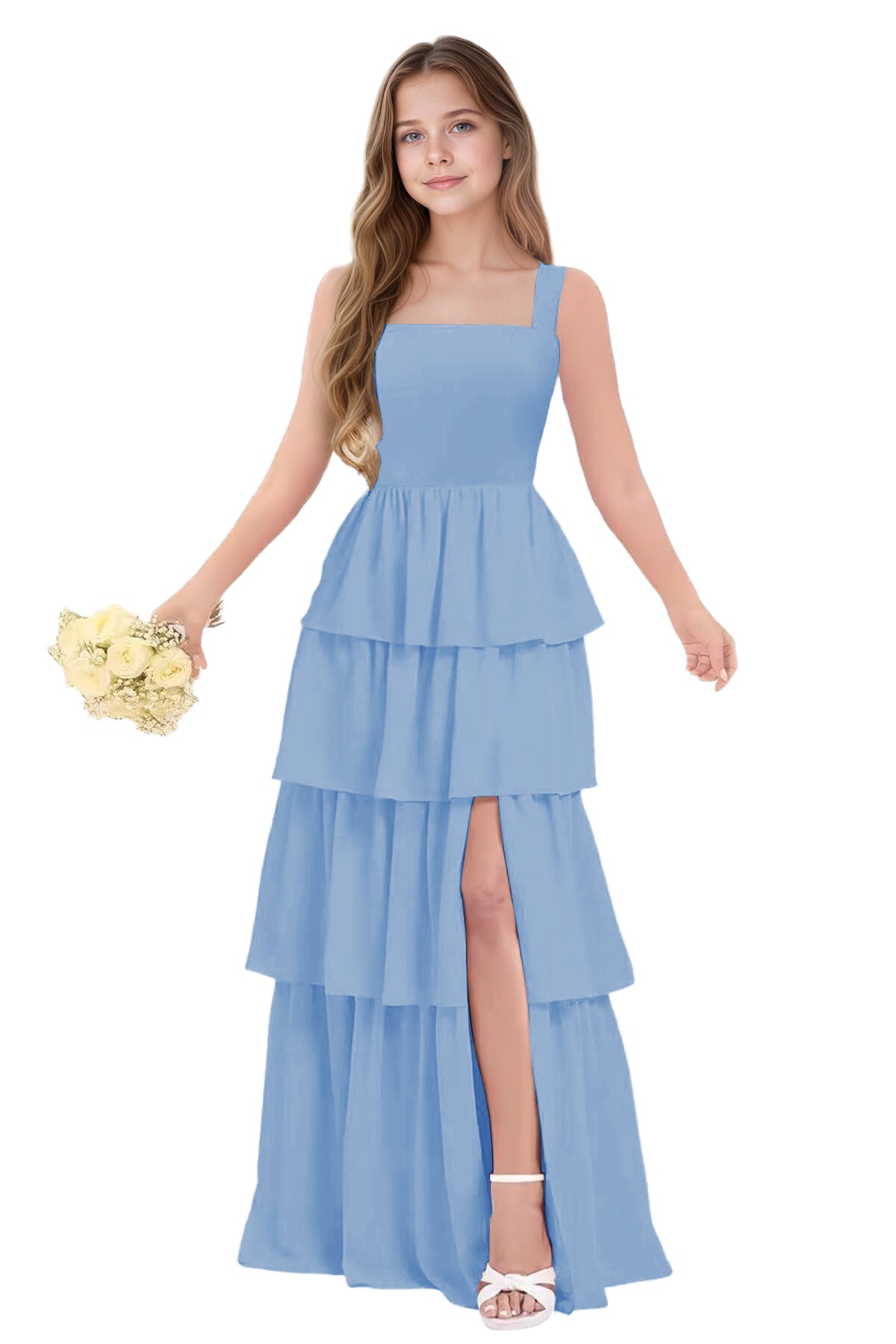 dideyttawl Junior Bridesmaid Dress Spaghetti Strap Square Neck Layered Chiffon A-Line Flower Girl Dress with Slit 2509