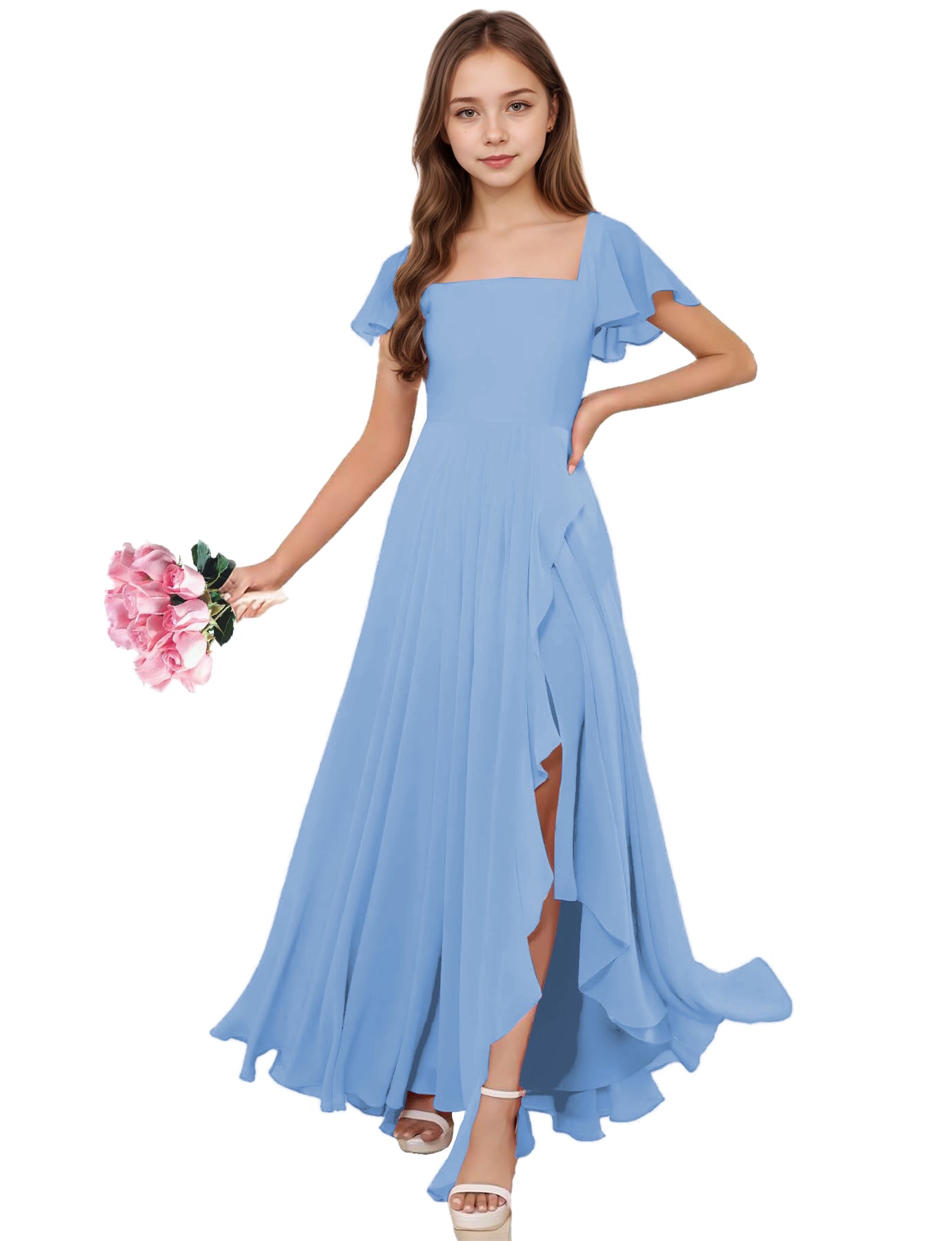 dideyttawl Junior Bridesmaid Dresses Ruffle Sleeve Square Neck Chiffon A-Line Flower Girl Dress with Slit 2508