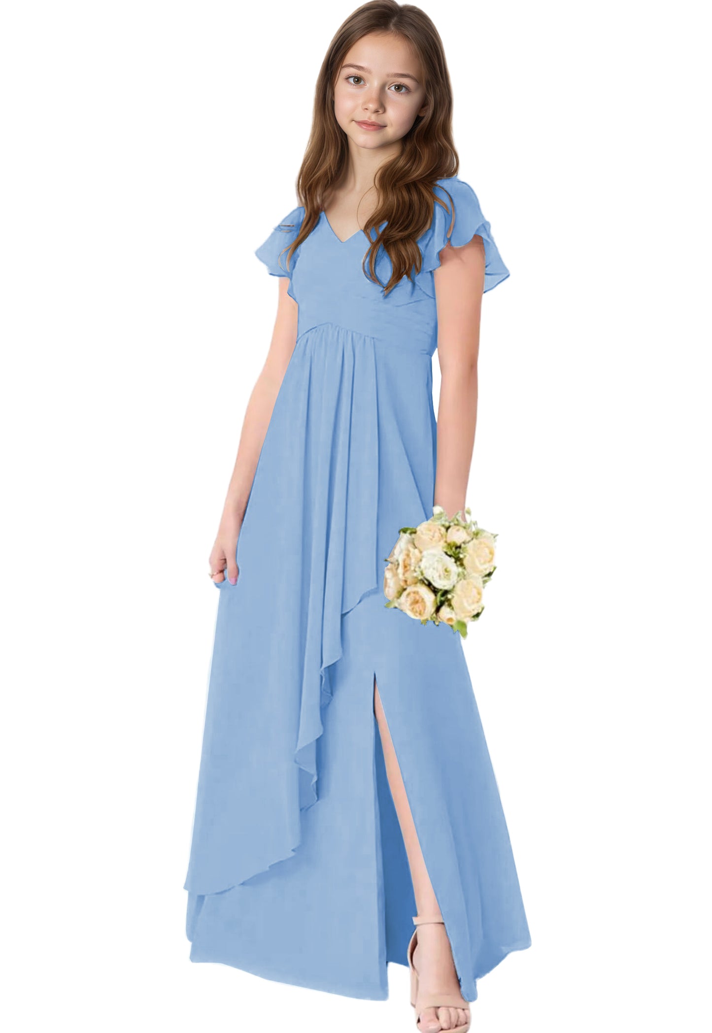 dideyttawl Chiffon Junior Bridesmaid Dresses V Neck Ruffle Sleeves Chiffon Pleated Flowy Flower Girls Dress or 4-16 2506