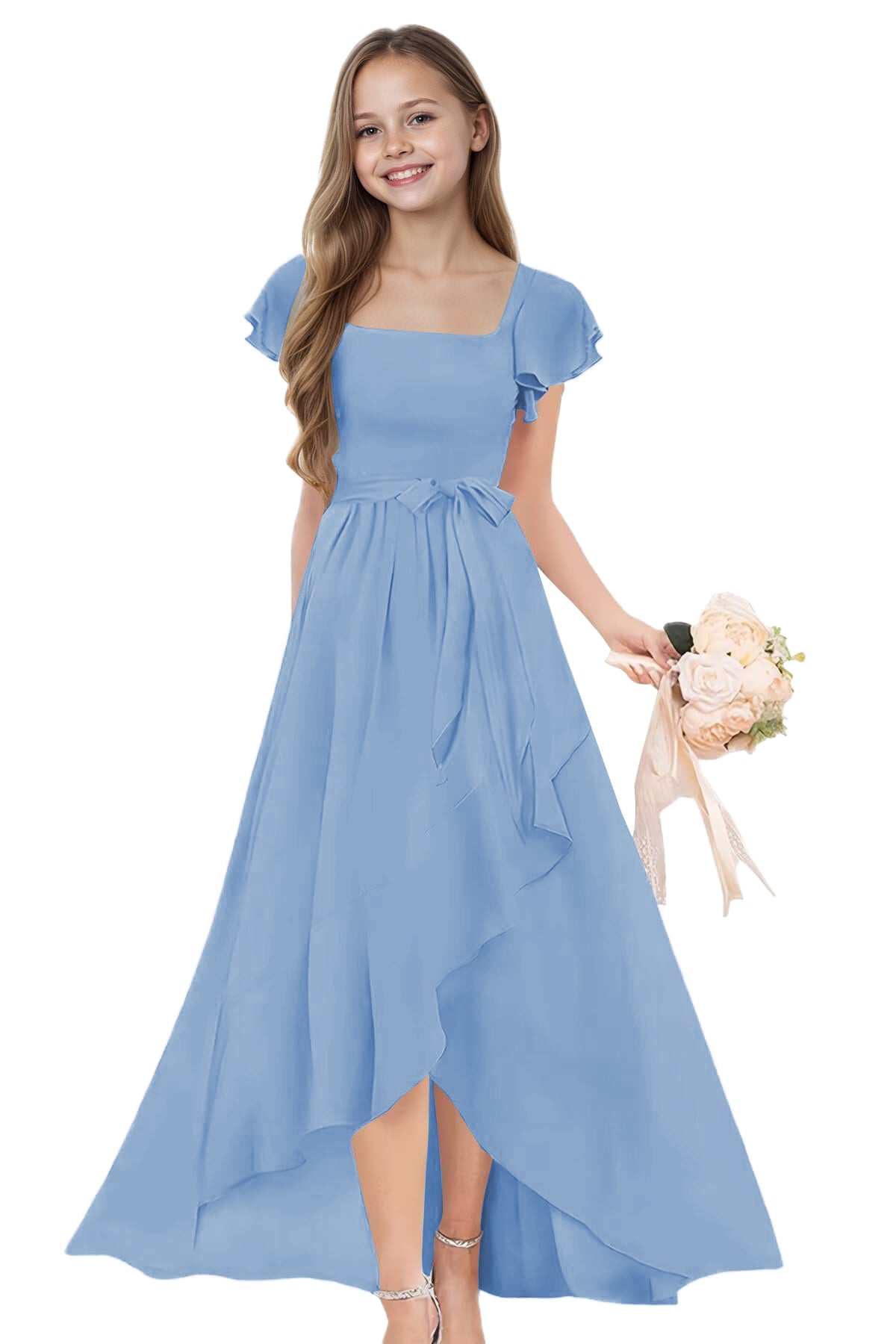 dideyttawl Long Junior Bridesmaid Dresses Ruffle Sleeve Square Neck Chiffon Flower Girl Dress for Wedding 2507