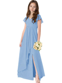 Dideyttawl Chiffon Junior Bridesmaid Dresses Ruffle Sleeves Party Gown 2506
