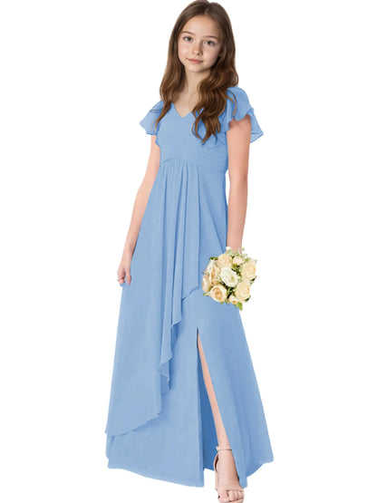 Dideyttawl Chiffon Junior Bridesmaid Dresses Ruffle Sleeves Party Gown 2506