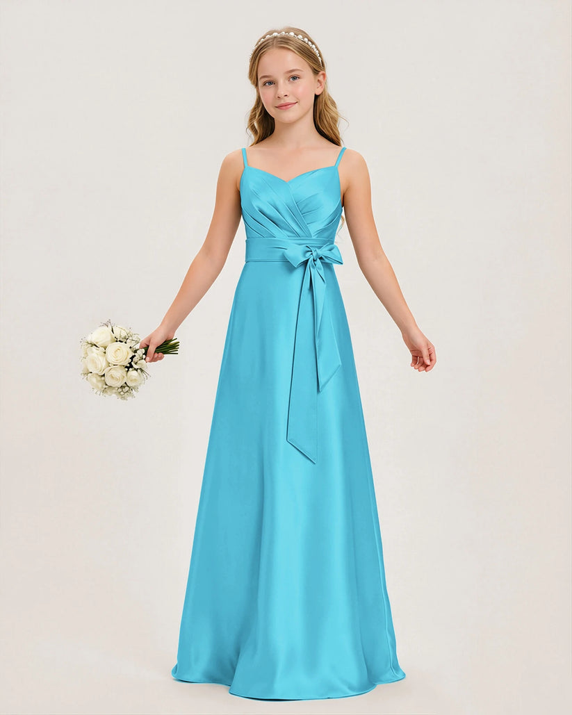 Sky Blue Satin A-line Junior Bridesmaid Dress Front View