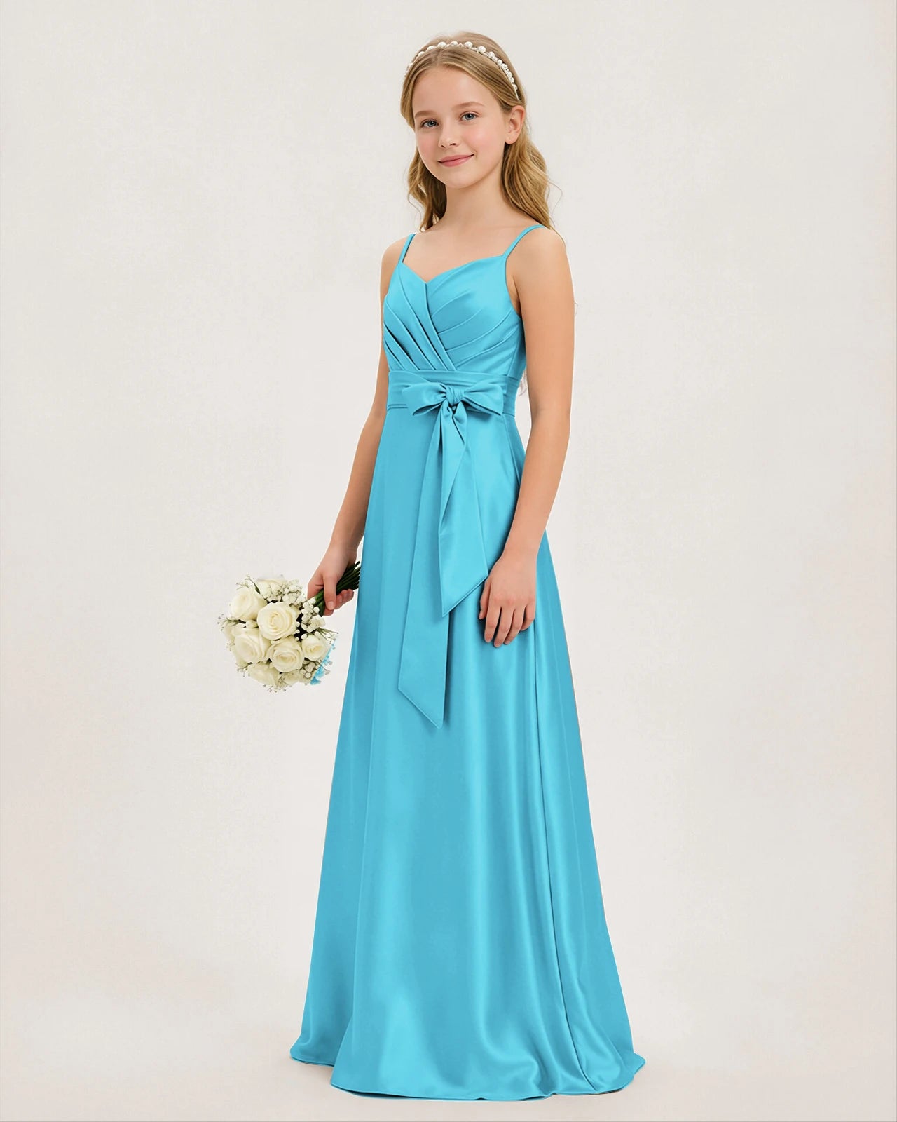 satin junior bridesmaid dresses Dress Square Neck A-Line Gown with Bow COCOMELODY B0C7KY63LX, Nude Pink perfect for formal events Junior Bridesmaid Dress for Girls