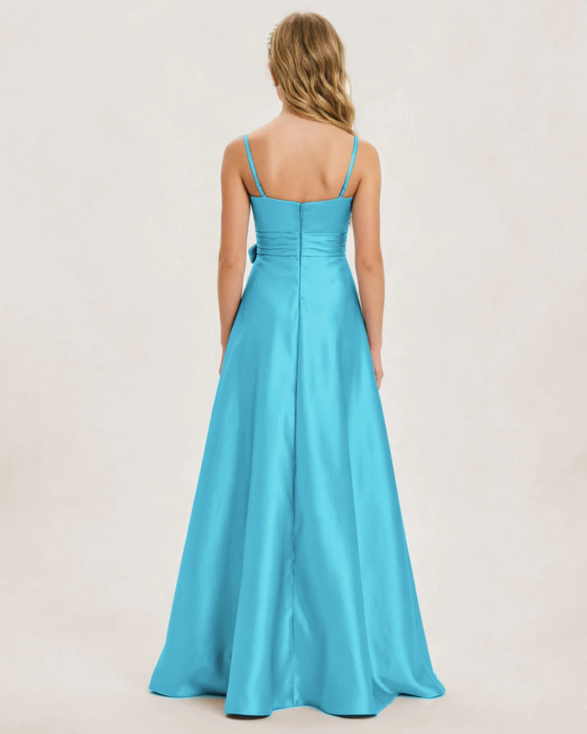 Sky Blue Satin A-line Junior Bridesmaid Dress Back View