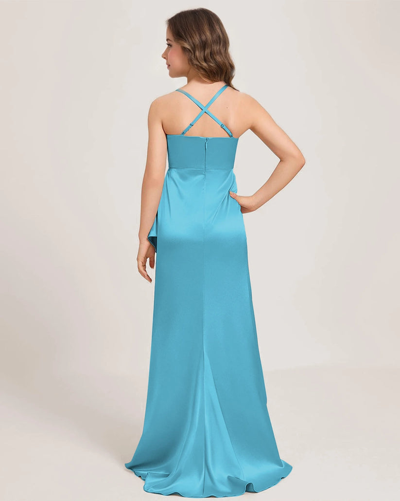Sky Blue Satin A-line Girls Formal Dress Back View