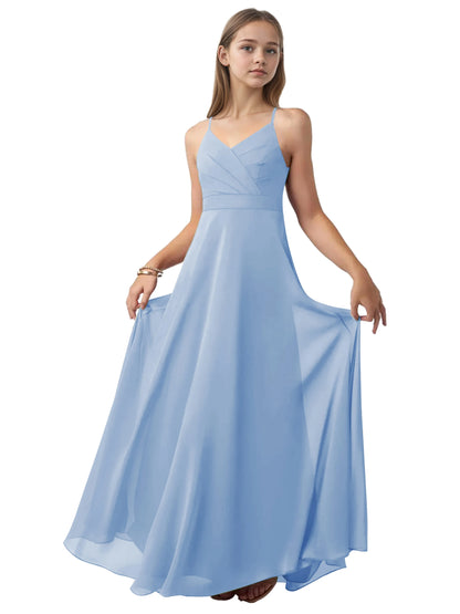 dideyttawl V-Neck Junior Bridesmaid Dress Spaghetti Straps Pleated Chiffon A-Line Flower Girl Dress 2510
