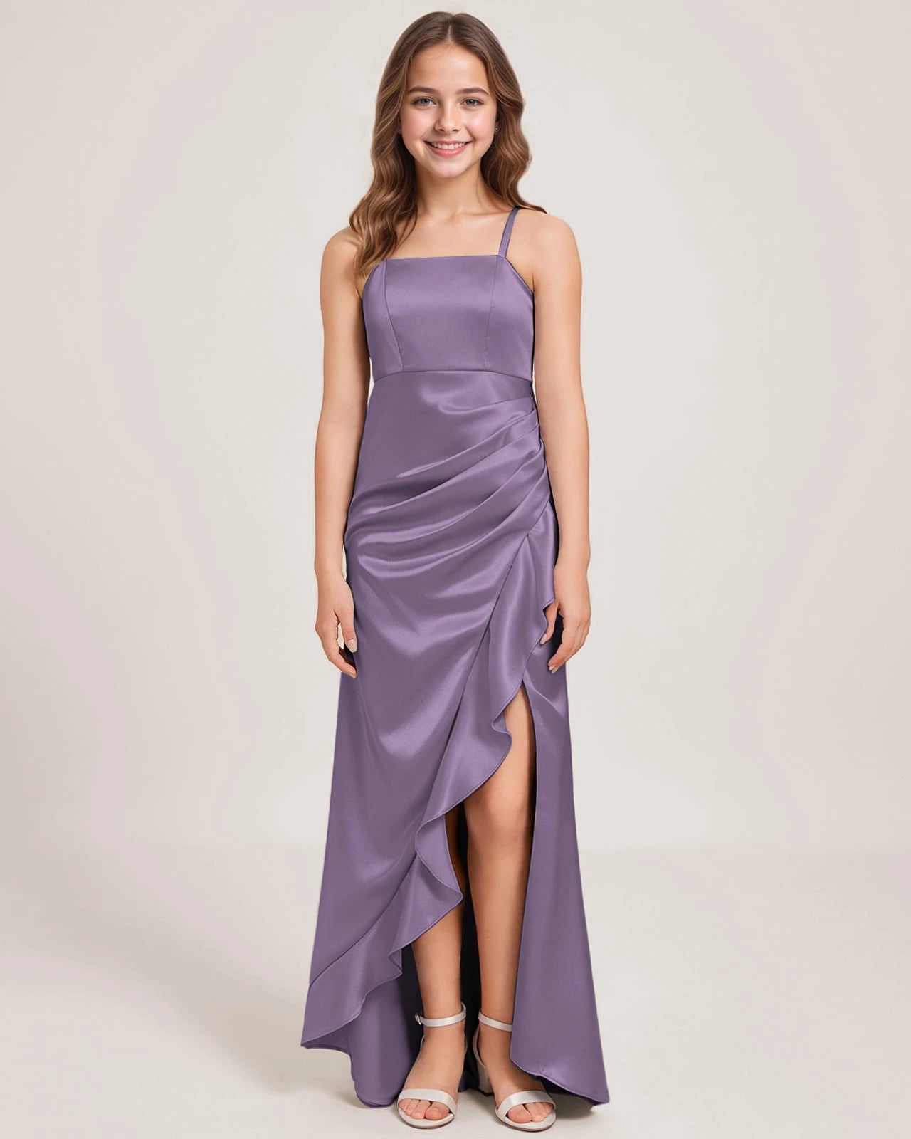Dideyttawl Junior Bridesmaid Dress with Slit Ruffles Satin  Formal Gowns for Girls