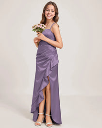 Dideyttawl Girls Formal Dress with Slit Ruffles Satin  Formal Gowns for Girls