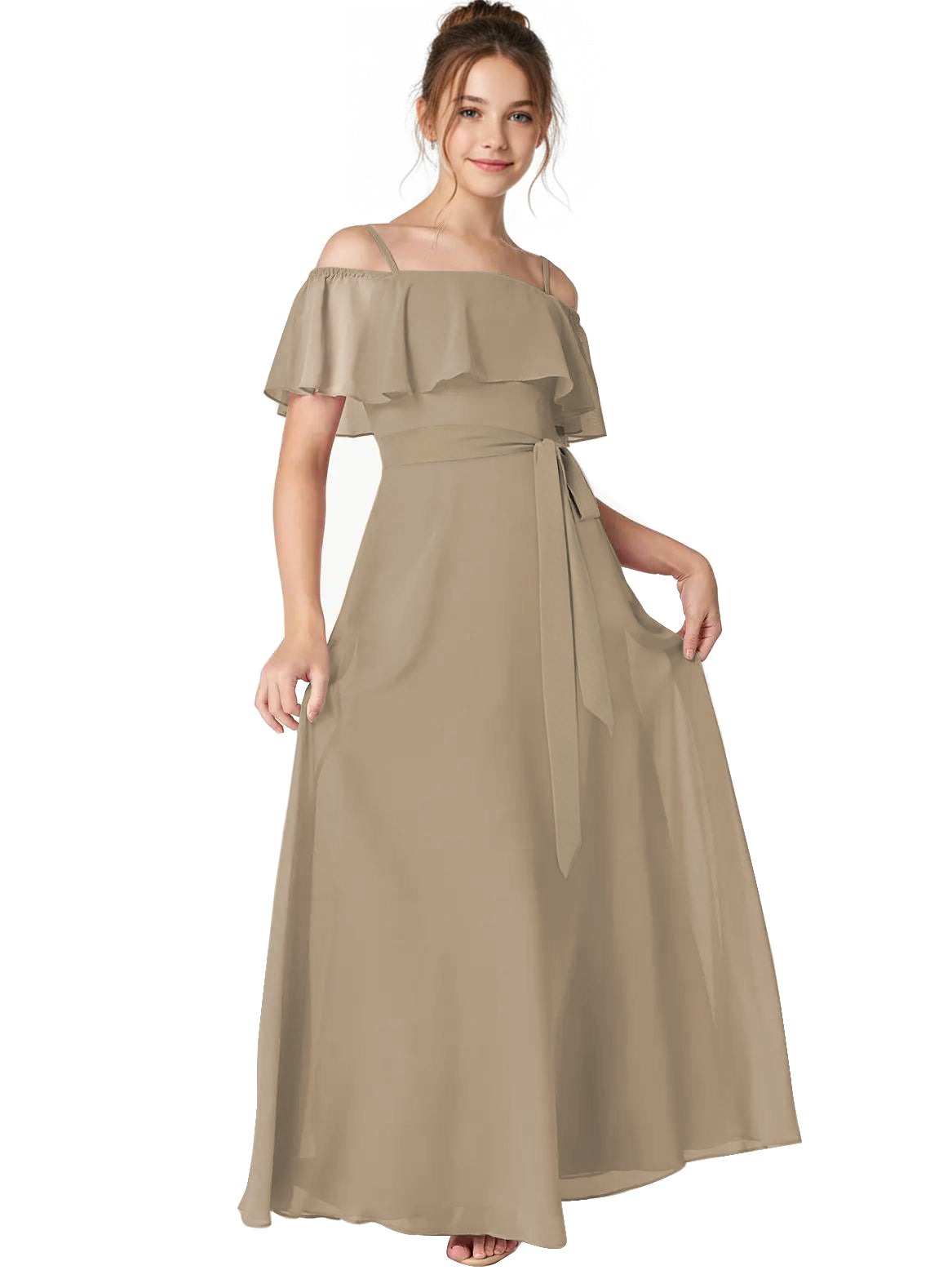 Dideyttawl Junior Bridesmaid Dress with Ruffle Off-the-Shoulder, Champagne / 4