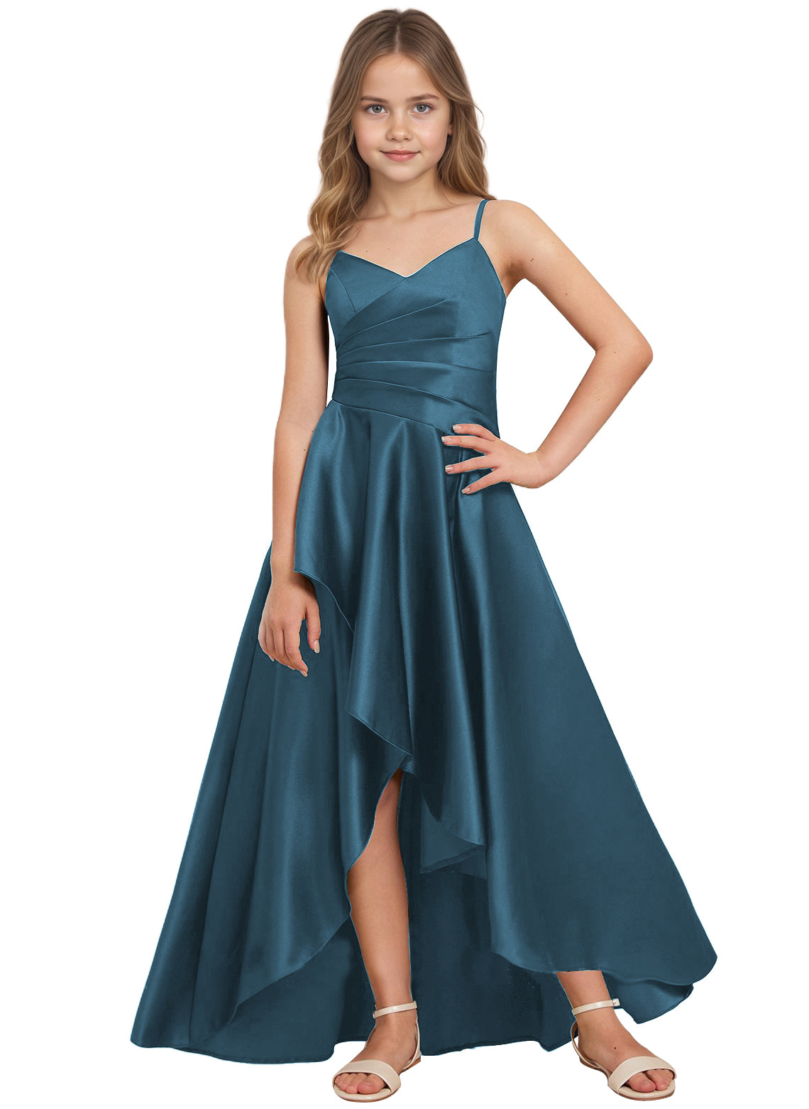 dideyttawl High Low Junior Bridesmaid Dress V-Neck Silk Satin Flower Girl Dress Sleeveless Formal Special Occasion Dress for Wedding 2523