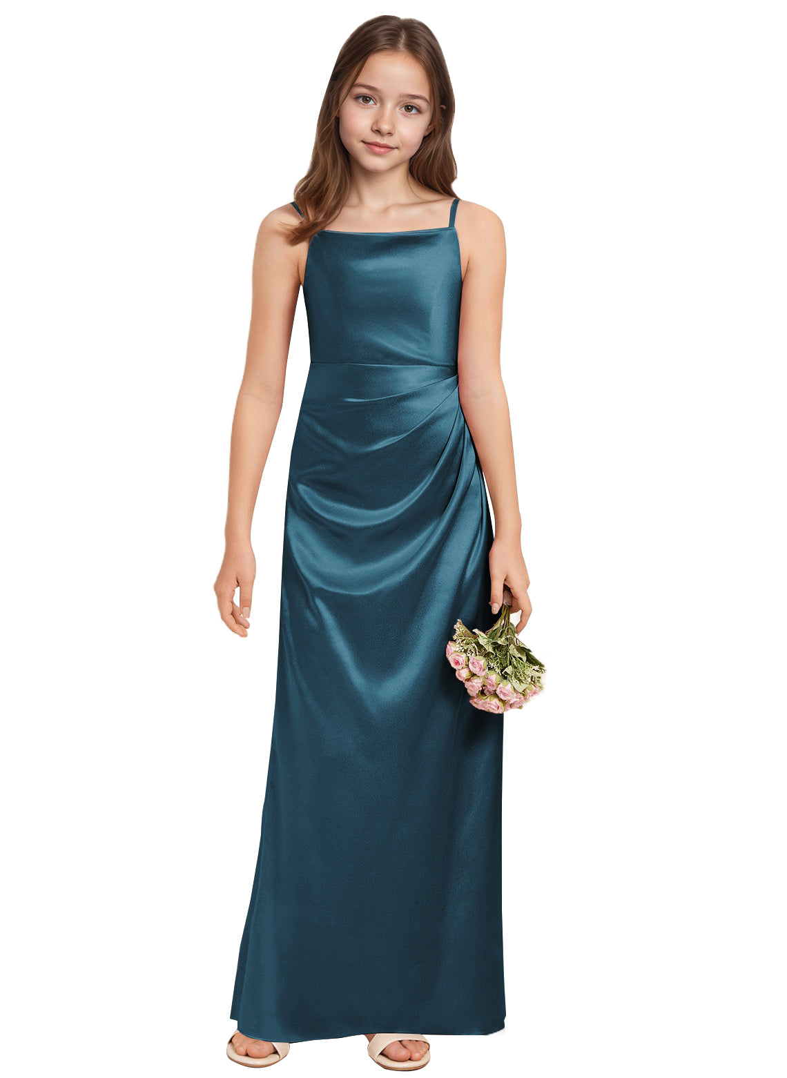 dideyttawl A-Line Junior Bridesmaid Dress Square Neck Pleated Stretch Satin Flower Girl Dress Sleeveless Formal Special Occasion Dress for Wedding 2520
