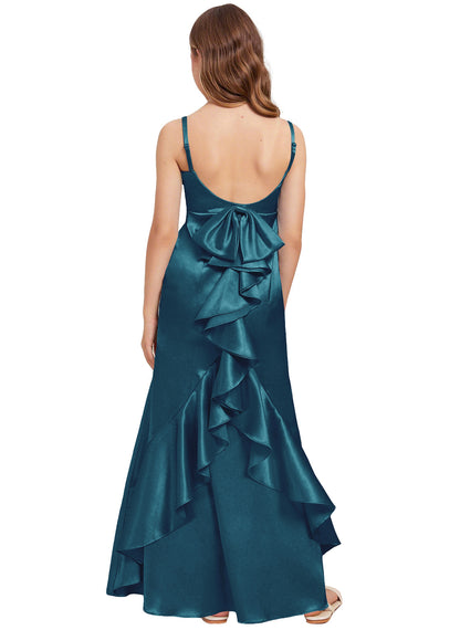dideyttawl Mermaid Junior Bridesmaid Dress with Slit V-Neck Ruffles Bow Stretch Satin Flower Girl Dress Sleeveless Formal Special Occasion Dress for Wedding 2522