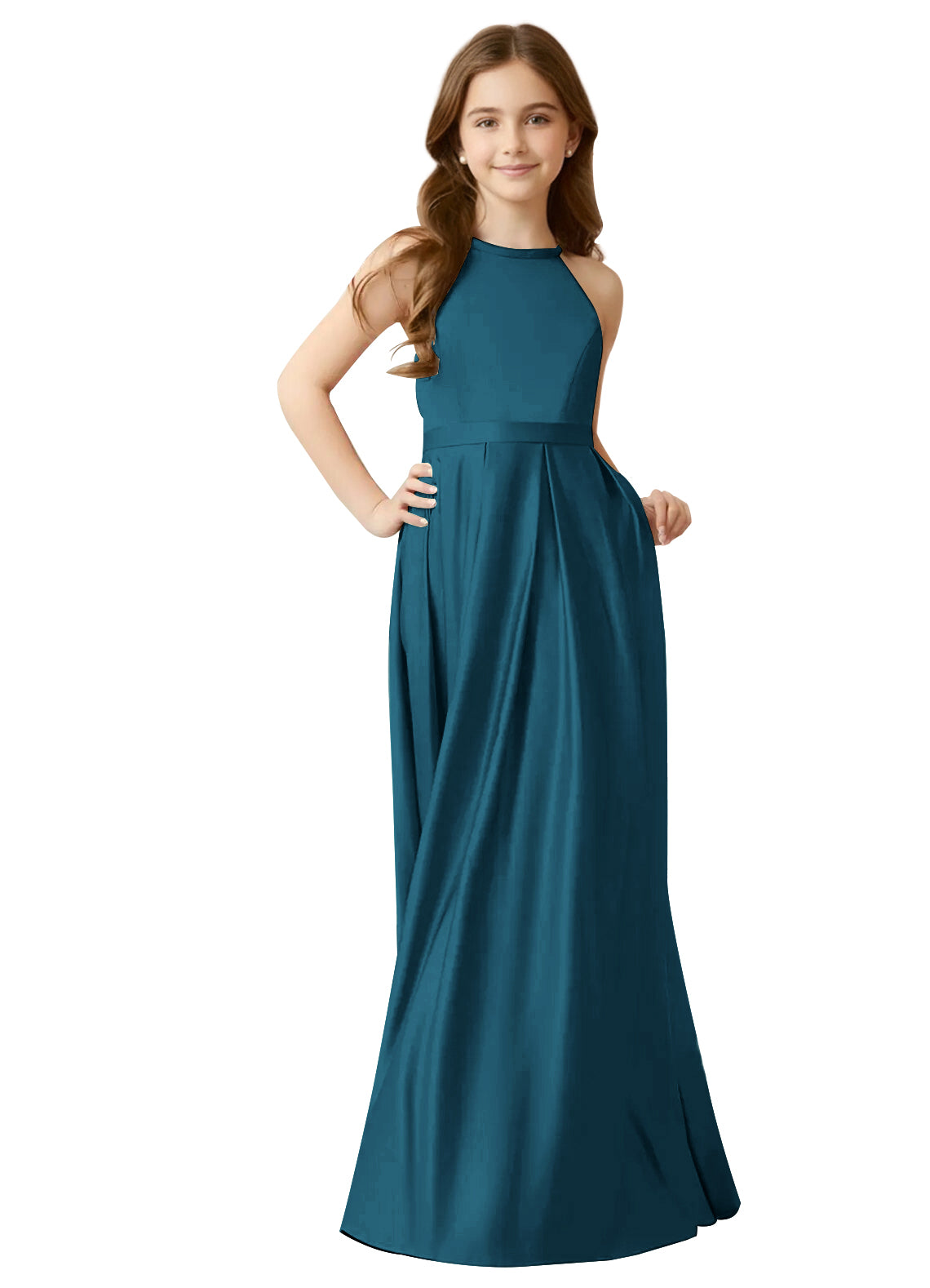 dideyttawl A-Line Junior Bridesmaid Dresses Halter Flower Girls Dress Satin Adjustable Straps Formal Gown 2532