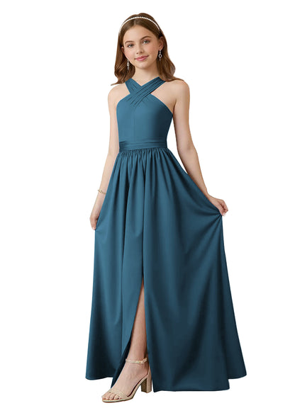 dideyttawl Junior Bridesmaid Dresses for Teen Girls Satin Halter A-Line Flower Girl Dress for Wedding 2531