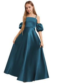 Dideyttawl Cold Shoulder Junior Bridesmaid Dress Satin Girls Pageant Gown 2525