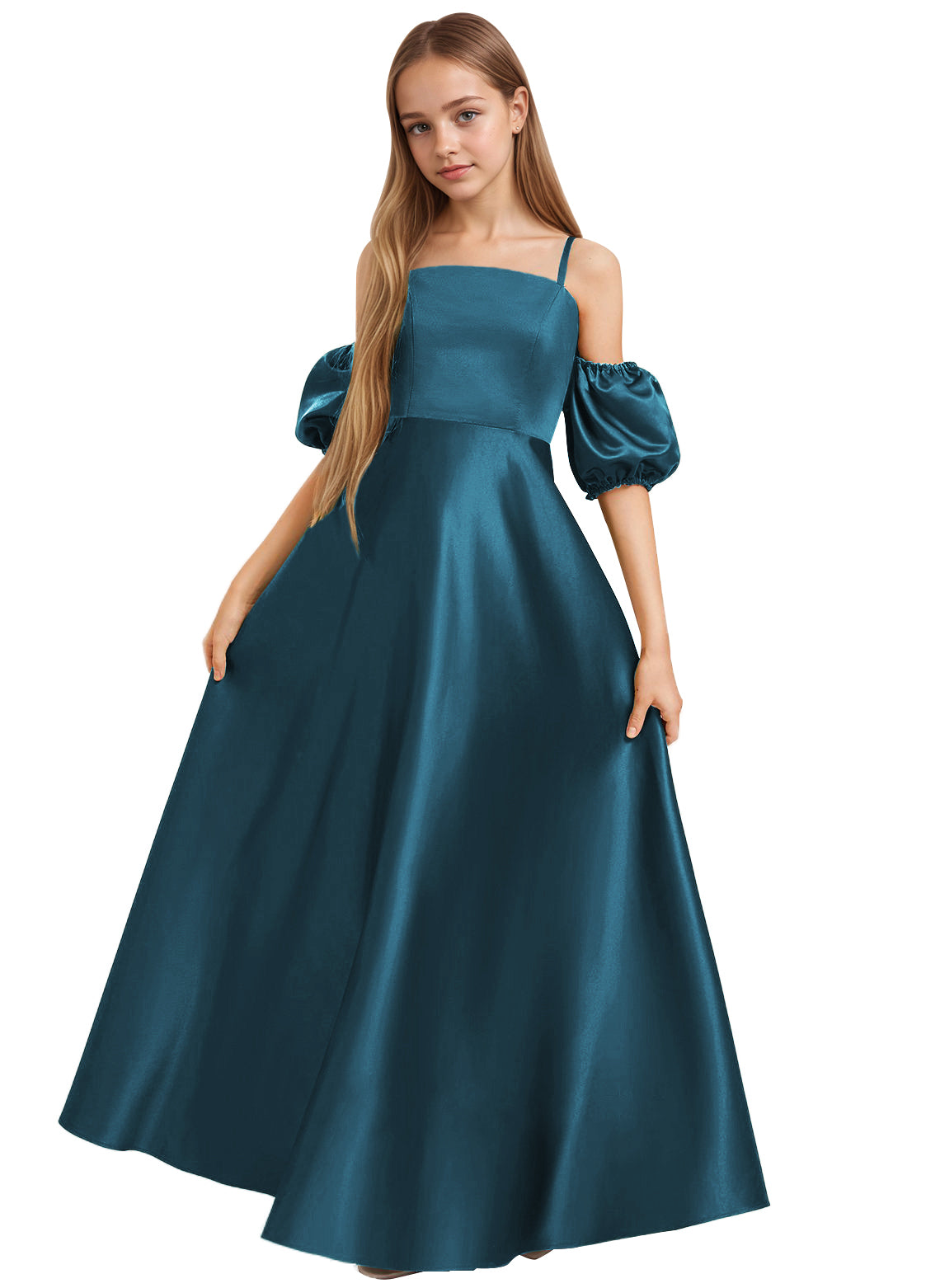 Dideyttawl Cold Shoulder Junior Bridesmaid Dress Satin Girls Pageant Gown 2525