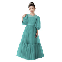 Dideyttawl Girls Dusty Blue Princess Dress Long Sleeve Tulle Ball Gown for Wedding Party
