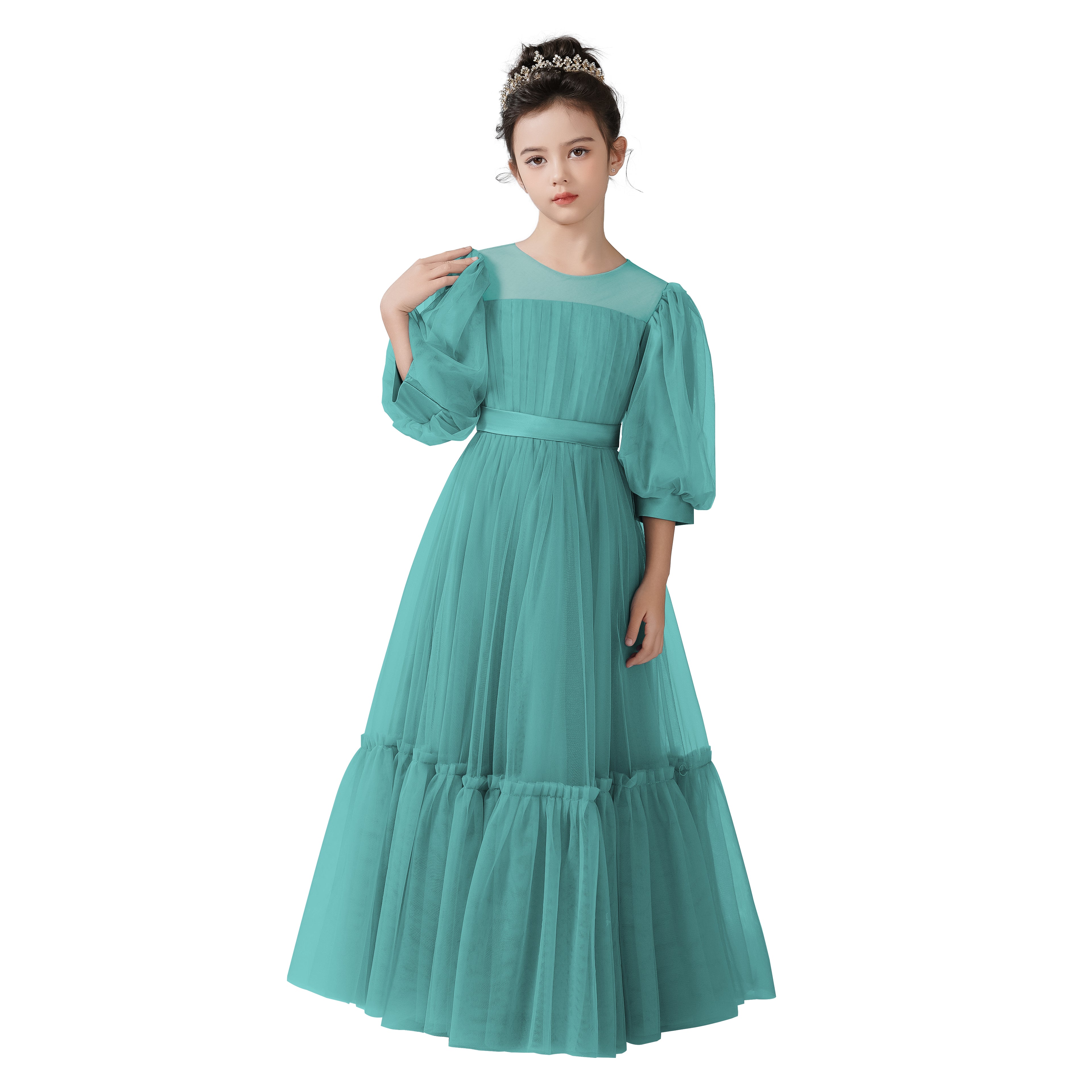 Dideyttawl Girls Dusty Blue Princess Dress Long Sleeve Tulle Ball Gown for Wedding Party