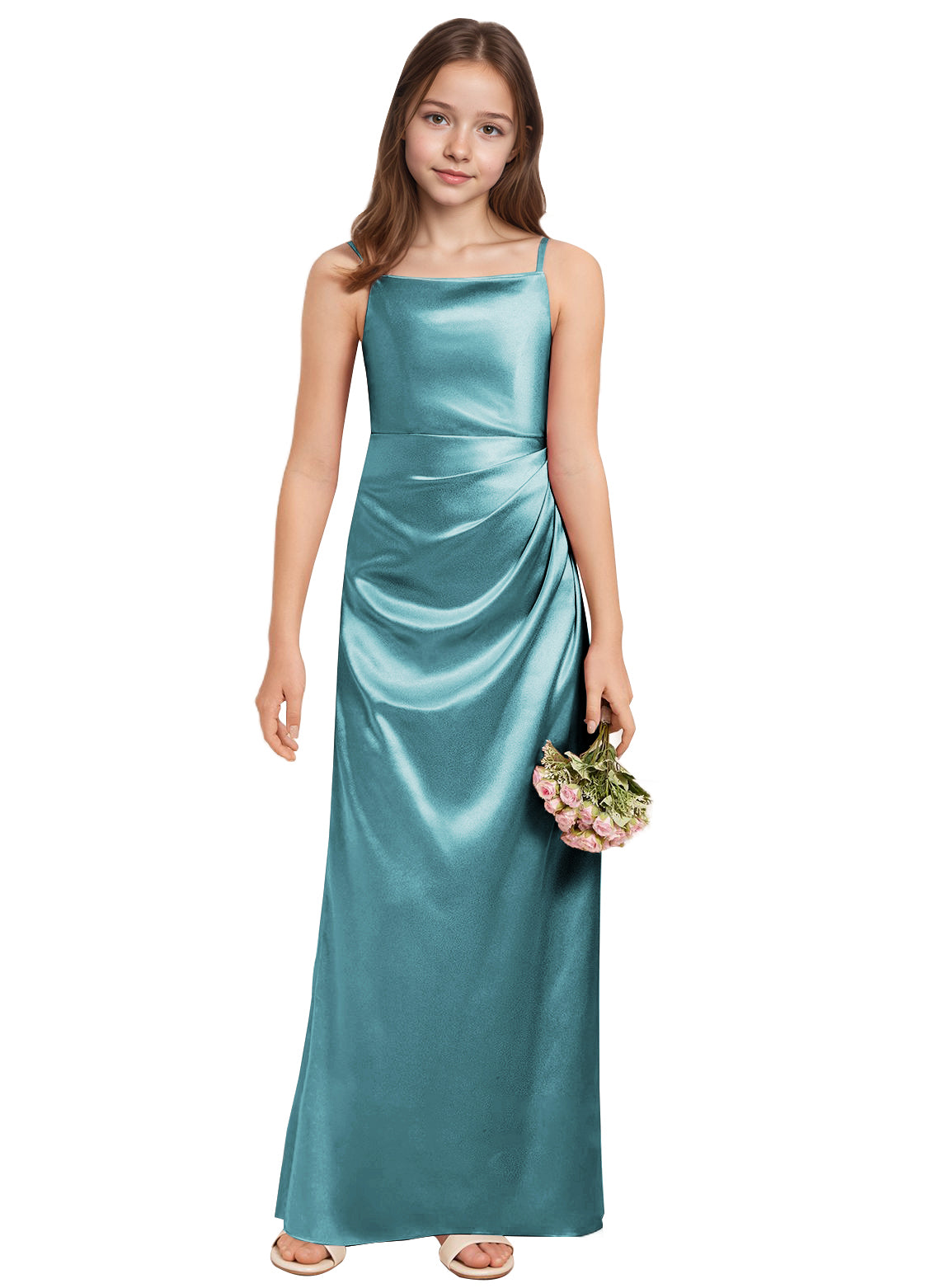 dideyttawl A-Line Junior Bridesmaid Dress Square Neck Pleated Stretch Satin Flower Girl Dress Sleeveless Formal Special Occasion Dress for Wedding 2520