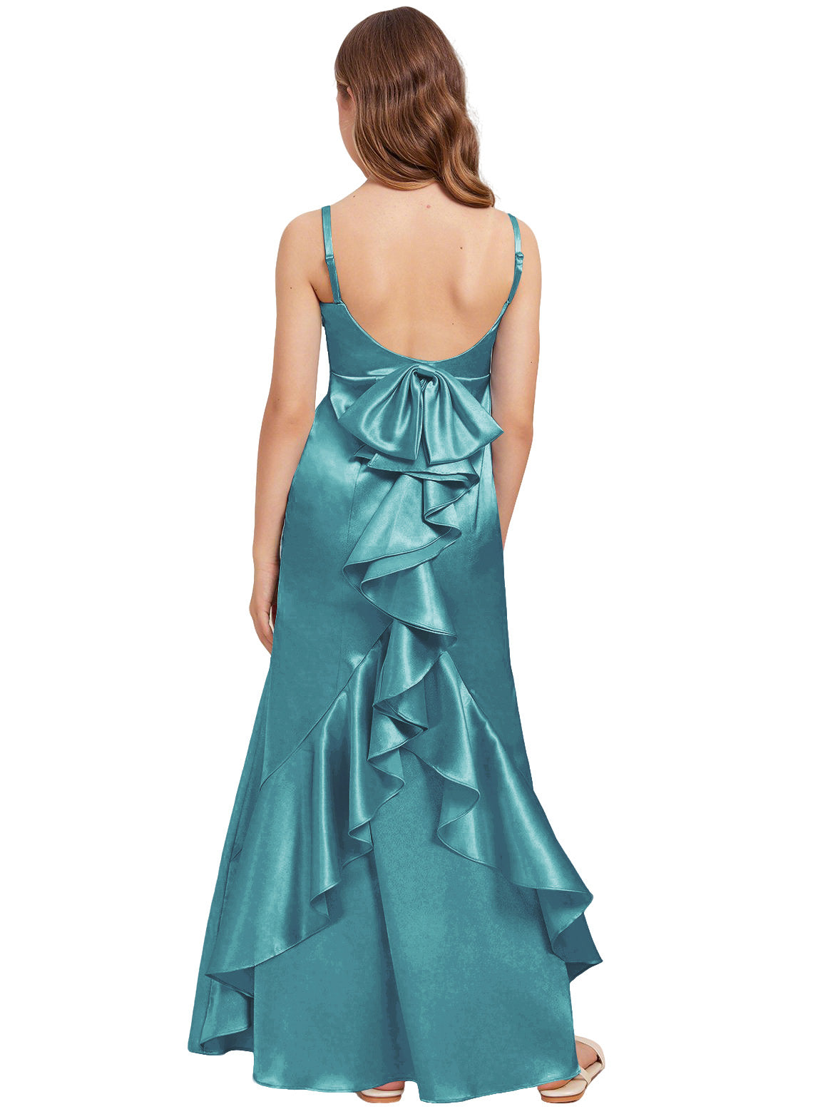 dideyttawl Mermaid Junior Bridesmaid Dress with Slit V-Neck Ruffles Bow Stretch Satin Flower Girl Dress Sleeveless Formal Special Occasion Dress for Wedding 2522