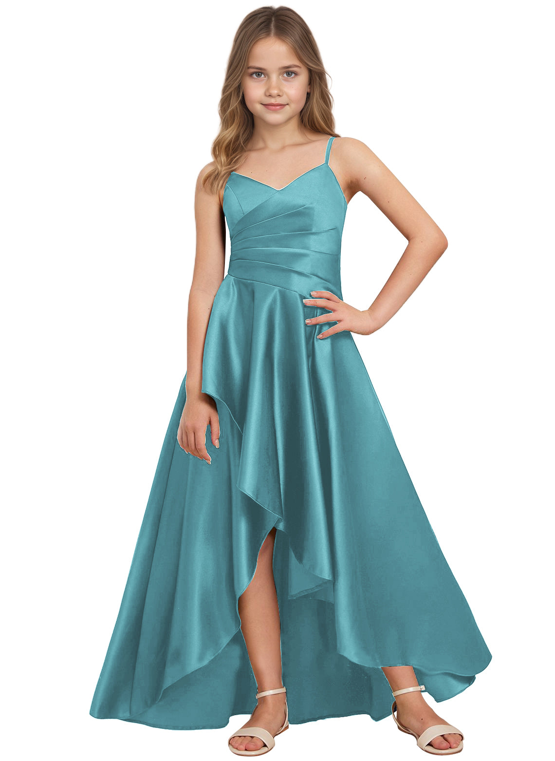 dideyttawl High Low Junior Bridesmaid Dress V-Neck Silk Satin Flower Girl Dress Sleeveless Formal Special Occasion Dress for Wedding 2523