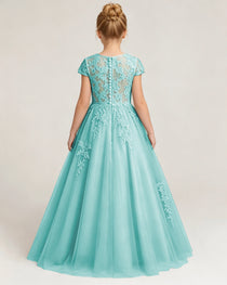 Back Turquoise Lace Flower Girls Dress