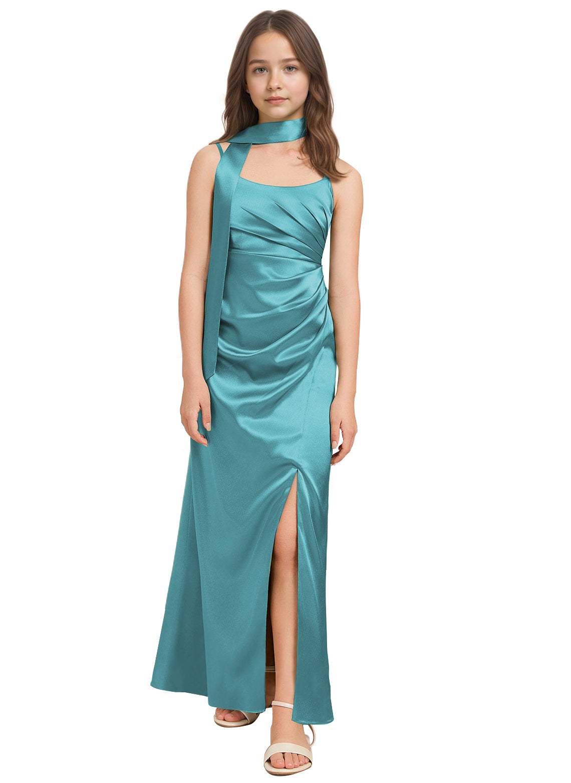 dideyttawl Satin Junior Bridesmaid Dress with Scarf for Girls 4-16 Silk Flower Girl Dress 2527