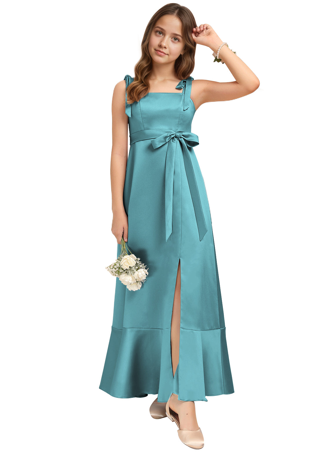 dideyttawl Junior Bridesmaid Dresses for Teens Silk Satin Adjustable Straps Flower Girl Dress with Slit 2529