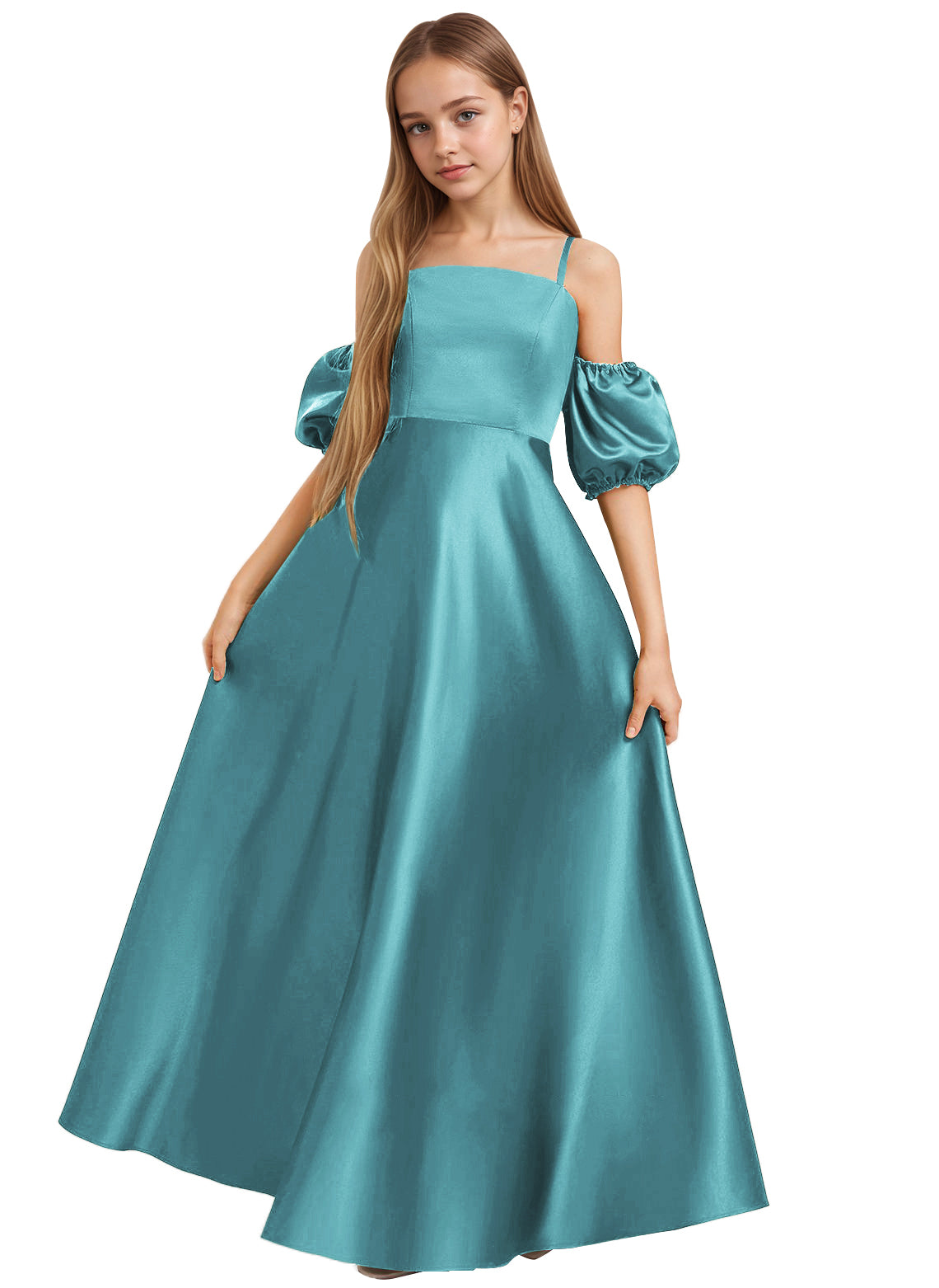 Dideyttawl Cold Shoulder Junior Bridesmaid Dress Satin Girls Pageant Gown 2525