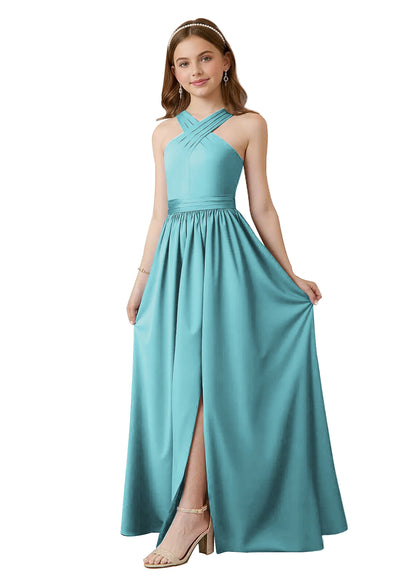dideyttawl Junior Bridesmaid Dresses for Teen Girls Satin Halter A-Line Flower Girl Dress for Wedding 2531