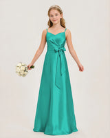Turquoise Satin A-line Junior Bridesmaid Dress Front View