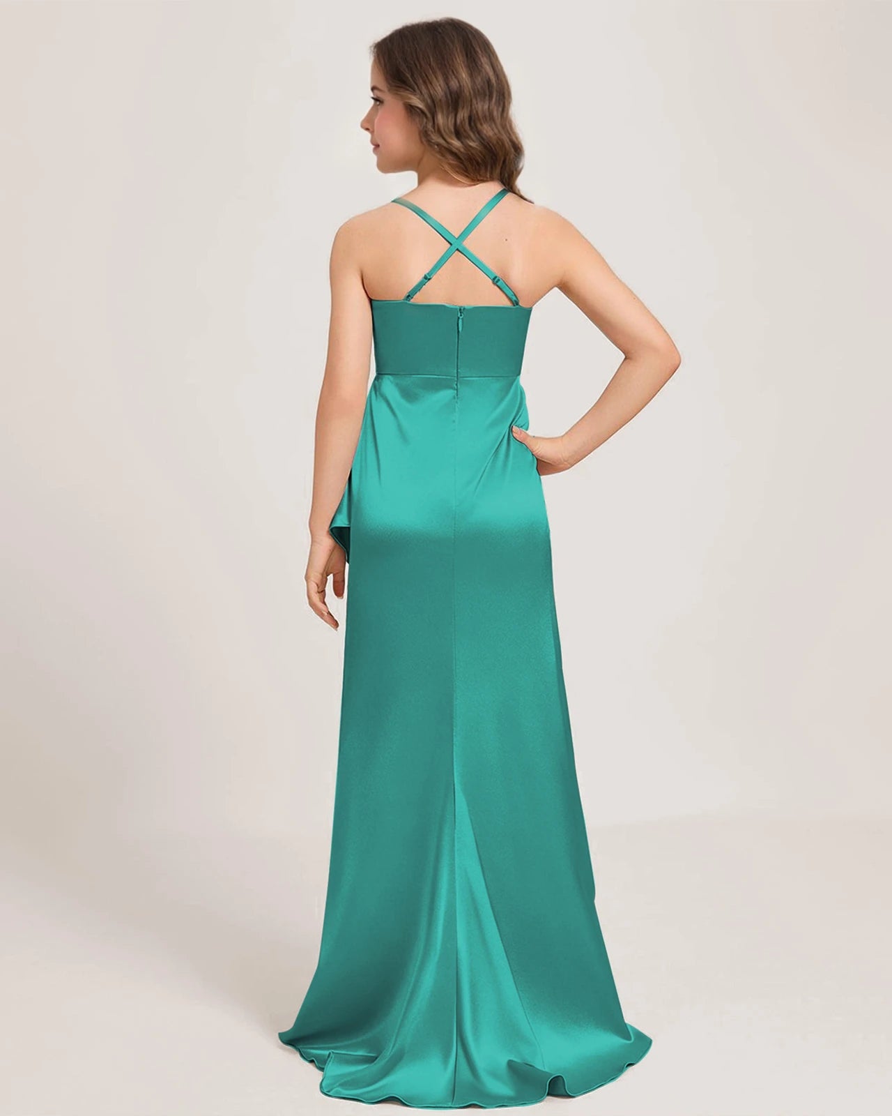 Dideyttawl Junior Bridesmaid Dress with Slit Ruffles Satin  Formal Gowns for Girls