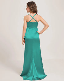Dideyttawl Girls Formal Dress with Slit Ruffles Satin  Formal Gowns for Girls