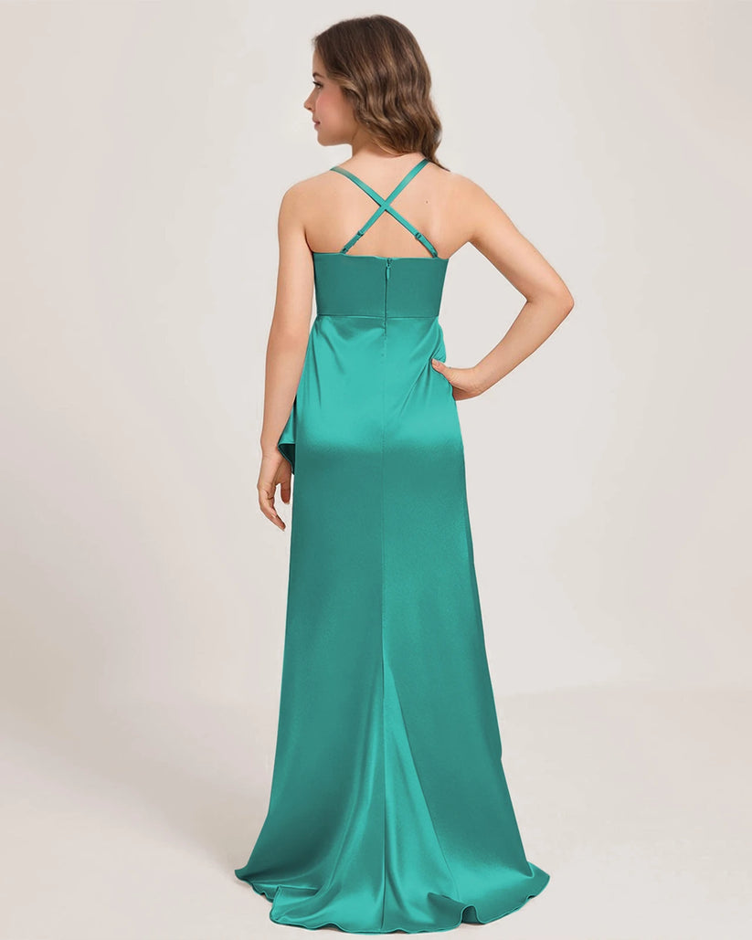 Turquoise Satin A-line Girls Formal Dress Back View