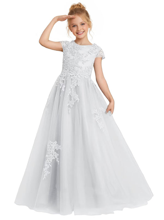 dideyttawl 2026 Flower Girl Dress Lace Applique Junior Bridesmaid Dress Puffy Tulle Cap Sleeves Satin A Line Princess Ball Gown 2776
