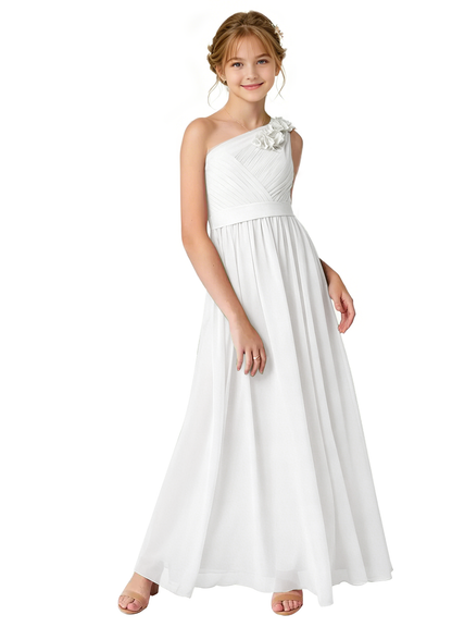 dideyttawl One Shoulder Pleated Junior Bridesmaid Dresses for Wedding A-Line Chiffon 3D Flower Girls Formal Party Dress 2604