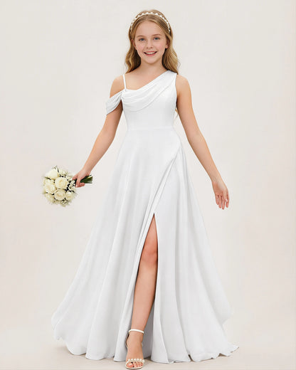 White Chiffon A-line Junior Bridesmaid Dress Front View