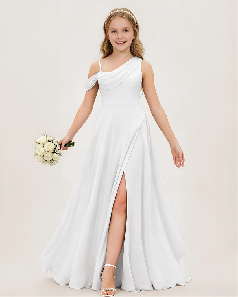 White Chiffon A-line Junior Bridesmaid Dress Front View