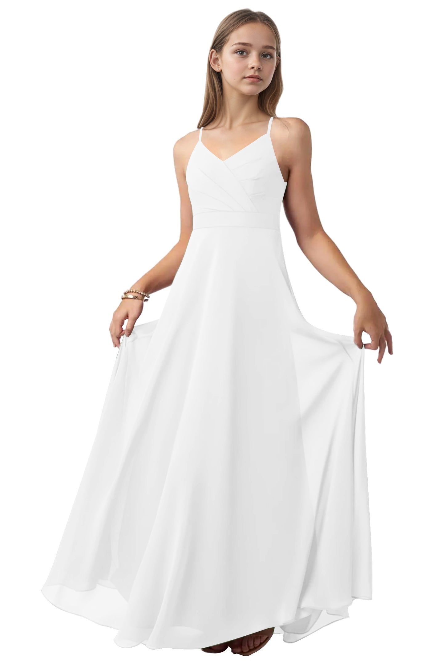dideyttawl V-Neck Junior Bridesmaid Dress Spaghetti Straps Pleated Chiffon A-Line Flower Girl Dress 2510