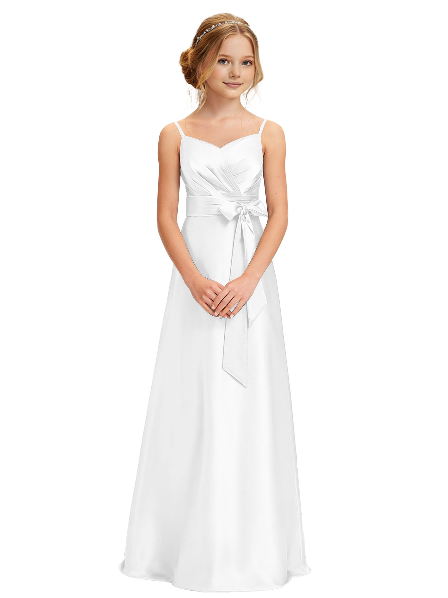 dideyttawl 2026 Girls Pleated Satin Prom Dress Bow Belt Ball Gown Maxi Spaghetti Straps Junior Bridesmaid Dress 2547