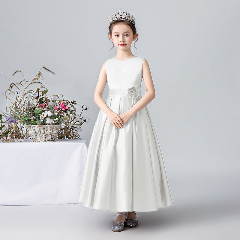 Satin Formal Dress For Girls Flower Belt Girls Evening Party Dress Sleeveless Long Dress First Communion Dress
