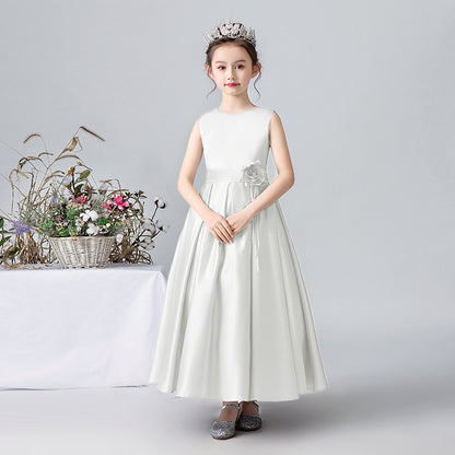 Satin Formal Dress For Girls Flower Belt Girls Evening Party Dress Sleeveless Long Dress First Communion Dress
