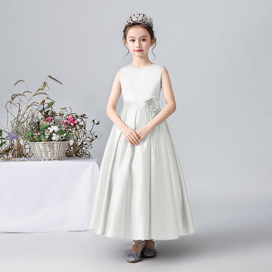 Dideyttawl Silver Satin Sleeveless Flower Girl Dress | Rose Accent Ball Gown