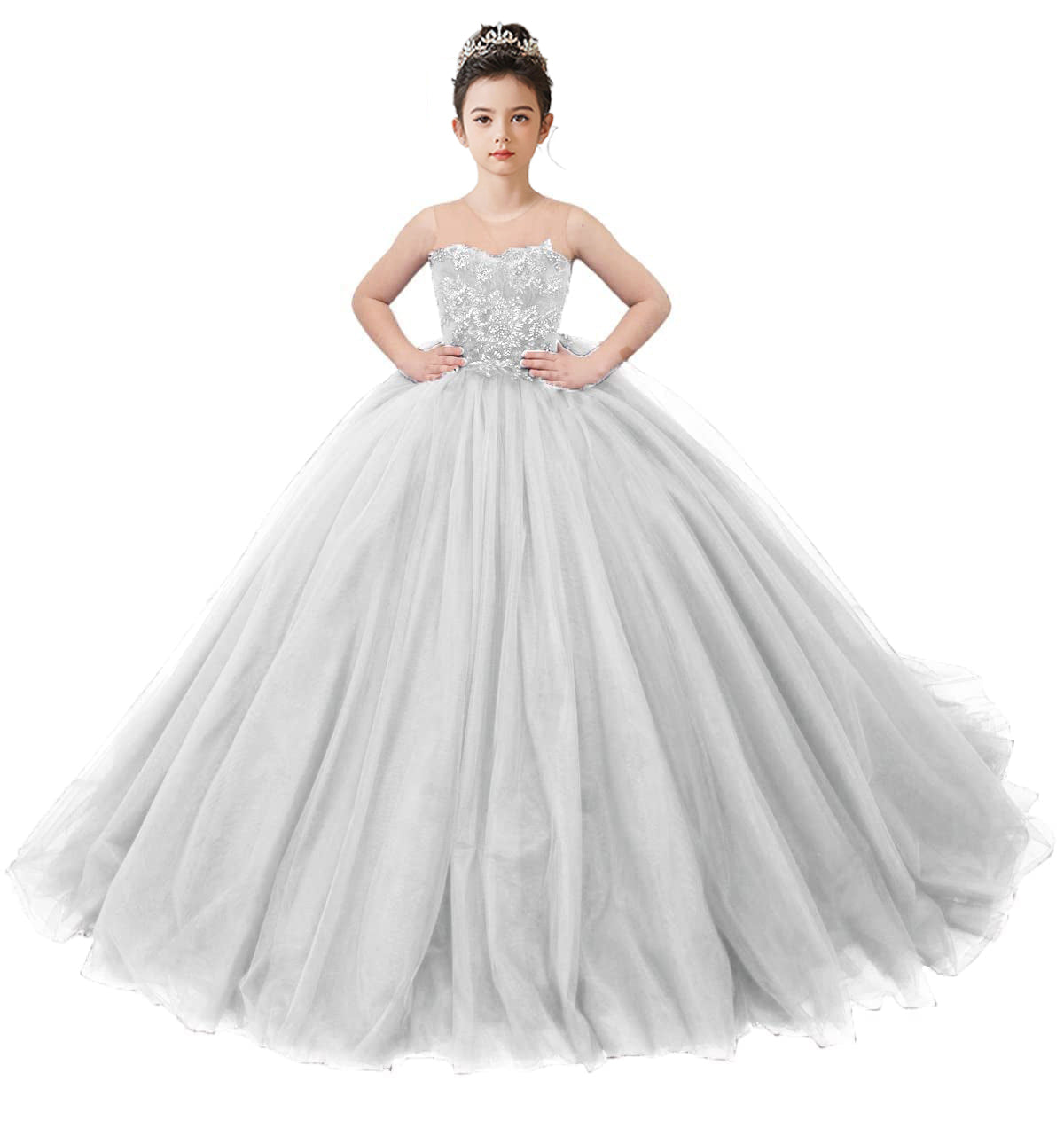 2025 Spring Embroidery Lace Appliqued Tulle Flower Girls Dress Wedding Guest Dress Puffy Princess Dress Strapless Full Length Pageant Dress