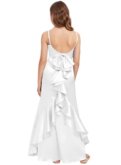 dideyttawl Mermaid Junior Bridesmaid Dress with Slit V-Neck Ruffles Bow Stretch Satin Flower Girl Dress Sleeveless Formal Special Occasion Dress for Wedding 2522